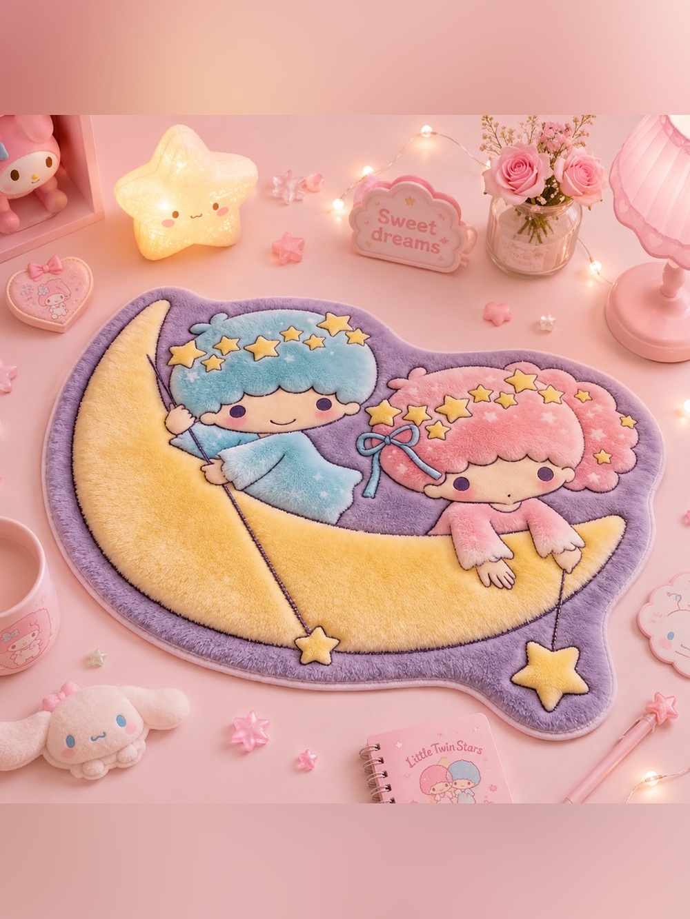 Sanrio Little Twin Stars Moon Rug Kawaii Pastel Bedroom Mat NWOT